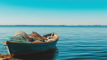 Tranquil Scene of a Colorful Boat Resting on Calm Waters with Fishing Nets Under a Clear Blue Sky Perfect for Nature and Seascape Photography