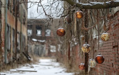 Rusted Ornaments on a Barren Tree: An old, leafless tree decorated with rusty ornaments and tattered garlands, snow lightly dusting the ground, with an abandoned factory 