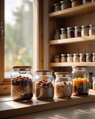 Wooden pantry shelves organized with jars of seeds, nuts, and spices, warmly lit by natural sunlight. Ideal for content related to home organization, sustainable living, or rustic kitchen design