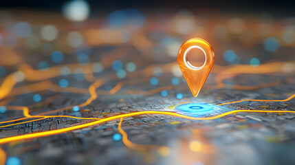 3D Render of Glowing Orange Location Pin on Abstract City Map Background