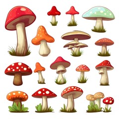 Vibrant red mushrooms collection on white background