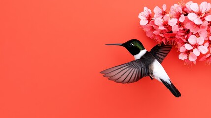 Naklejka premium A hummingbird in flight near pink flowers on a vibrant background.