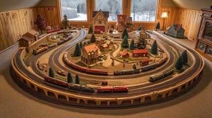 Obraz premium Scenic Model Train Layout Featuring Detailed Town and Landscape in Cozy Cabin Setting with Vintage Trains, Christmas Decorations, and Scenic Background