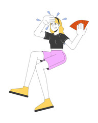 Young caucasian woman suffering from heatwave 2D cartoon character. Upset female with hand fan swiping sweat from forehead isolated person flat vector on white background. Spot illustration colorful