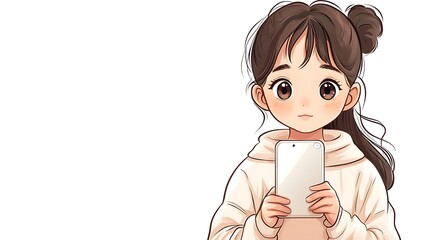 prototyping user friendly, Cute girl holding smartphone in hands with a soft expression, wearing a cozy hoodie, featuring a background suitable for showcasing technology, emotions, 
