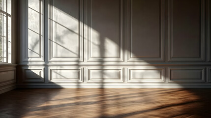 Obraz premium Sunlit 3D Render of Elegant Room with Wood Floor and White Paneled Walls