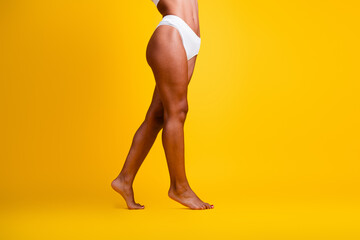 Studio no retouch cropped photo of lady legs dressed lingerie loving body positive empty space...