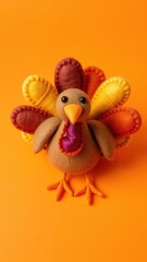 Obraz premium Crafted felt turkey in orange brown and yellow hues on orange background with copy space, orange