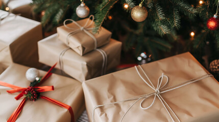 Beautifully wrapped gifts under decorated Christmas tree. Ecological recycled paper for wrapping presents. Seasonal winter photography.