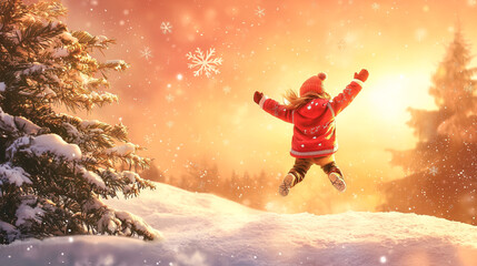 Child in red coat leaping in snowy winter wonderland at sunset with falling snowflakes