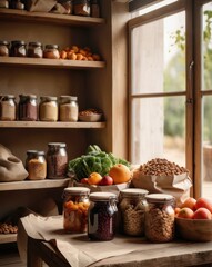 Wooden pantry shelves organized with jars of seeds, nuts, and spices, warmly lit by natural sunlight. Ideal for content related to home organization, sustainable living, or rustic kitchen design