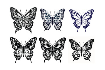 Butterfly design, labeled linocut vector illustration. 