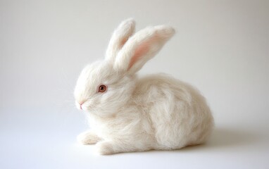 Obraz premium Rabbit on White Background â€“ Fluffy white rabbit with pink nose and long ears perked up, sitting in a gentle pose 
