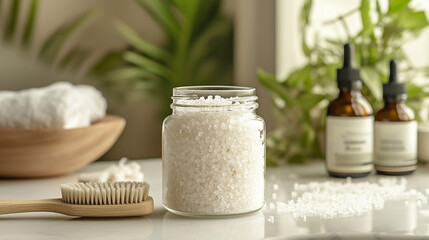 White bath salts in glass jar with oils and spa accessories