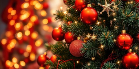 Vibrant Christmas tree adorned with red balls and shimmering stars, season, colorful