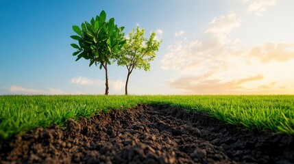 Obraz premium Two Trees in a Field at Sunset