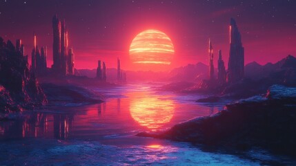 Naklejka premium A red sun sets over a fantastical alien landscape, casting a fiery glow over a serene lake and jagged rock formations.
