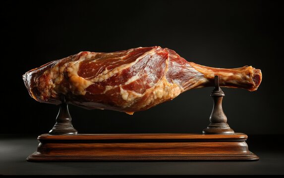 Jaman Iberico Leg on Stand Whole jaman iberico leg displayed on a traditional wooden stand, ready for slicing, with rich color and texture in detail 