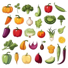 Colorful array of fresh vegetables and fruits on a white background