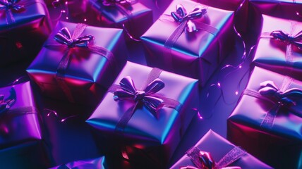 Christmas gift boxes wrapped in ultraviolet metallic paper with purple ribbons. Neon and futuristic concept.