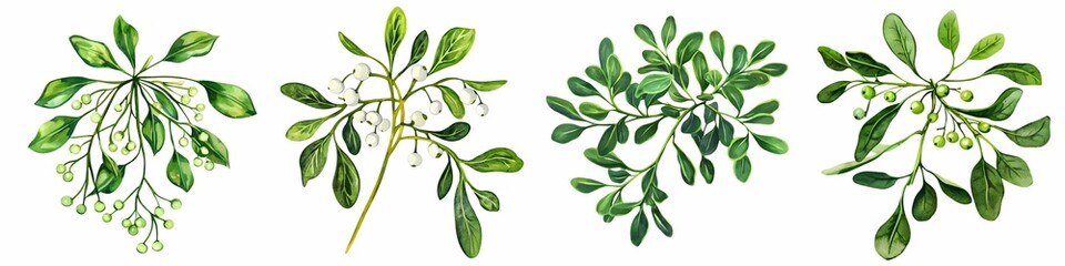 Christmas gift watercolor concept. A collection of green foliage, showcasing various branches with delicate white flowers and lush leaves, captured in a detailed, artistic style.