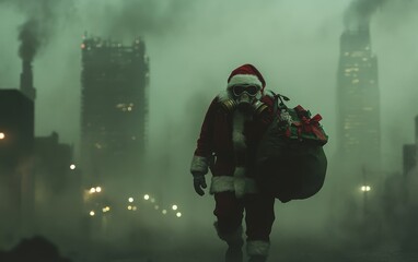 Santa in Smoggy City: Santa wearing a gas mask, carrying his sack of gifts through a smog-filled, industrial cityscape with holiday lights barely visible through the haze 