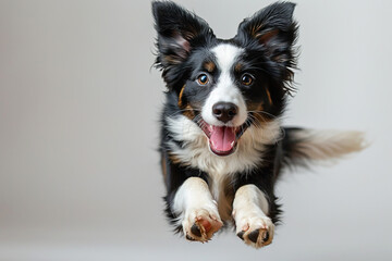 A playful border collie joyfully jumps in anticipation of food against a white background