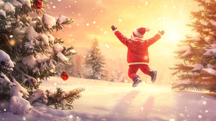 Joyful child in Santa suit leaps through snowy landscape with pine trees and ornaments