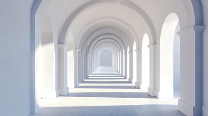 A long white hallway with a series of arches leading to a bright light at the end.