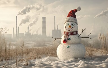 Festive Masked Snowman: A snowman decorated with holiday ornaments, wearing a face mask in a polluted city park, with smokestacks and hazy skies behind 
