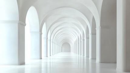 A long, white hallway with arched doorways, creating a sense of depth and perspective.
