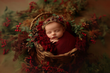 Newborn resting peacefully in a wicker basket surrounded by autumn leaves and berries