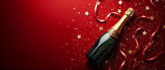 Champagne bottle celebrating new year's eve on red glitter background with copy paste space