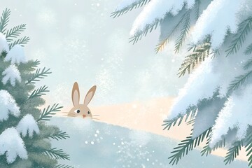 a rabbit peeks out, peeping out of the snow-covered snowdrifts of the spruce branches of the forest, winter time, curiosity