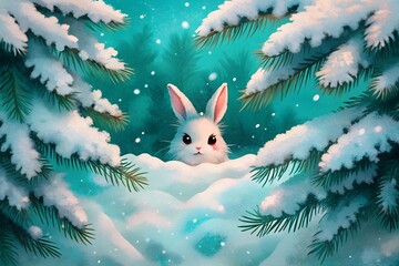 a rabbit peeks out, peeping out of the snow-covered snowdrifts of the spruce branches of the forest, winter time, curiosity