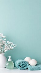 Obraz premium Indulge in serenity with modern spa essentials in pastel hues, showcasing beauty products and delicate decor for a calming atmosphere