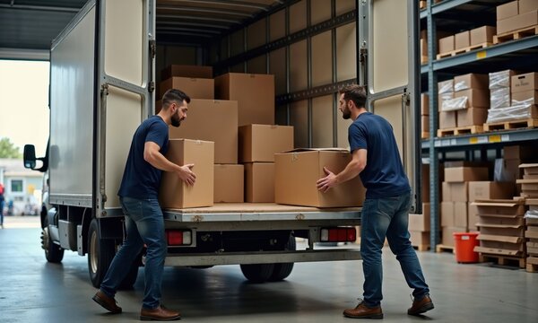 Two movers loading cardboard boxes into a delivery truck in a warehouse, representing teamwork, logistics, and efficient transportation