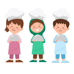 Little chef boy and girl holding serving hood