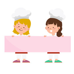 Little girls chef are holding a blank paper or blank sign