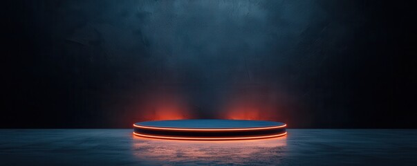 Innovative tech showcase modern exhibition hall floating podium dark environment immersive view glowing edges concept