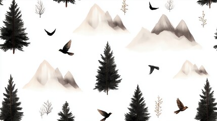 Obraz premium A black and white watercolor illustration of mountains, trees, and birds