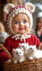 A little girl holding a basket full of kittens