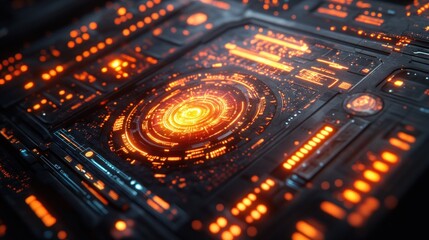 Obraz premium Futuristic technology interface with glowing orange lights.