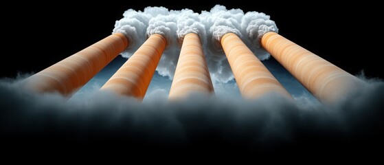 A dramatic view of industrial smokestacks emitting thick clouds of smoke against a dark background, highlighting environmental pollution and industrial impact.