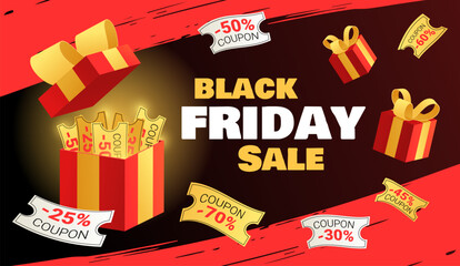 Coupon Black Friday. Event discount banner, promotion label with box. Background sale marketing. Advertising shop, store day special offer. Isolated 3d elements. Vector garish seasonal poster design