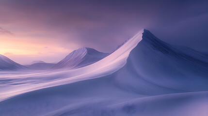 Serene Winter Landscape: Snow-Covered Mountains bathed in Purple Sunset Hues