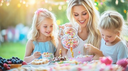 Fototapeta premium Cheerful Mother and Daughters Enjoying Colorful Candy and Sweet Snacks Together in a Sunny Outdoor Setting with Fairy Lights and Fresh Fruit