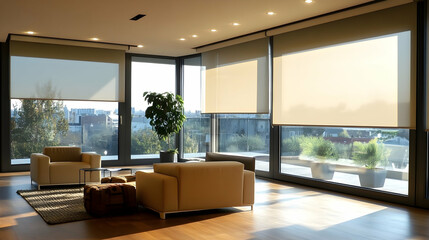 Modern Living Room with Beige Roller Shades and City View