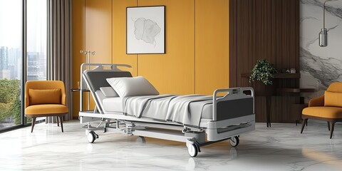 yellow and grey elegant hospital room with modern comfortable bed, clean wooden walls and marble floor 