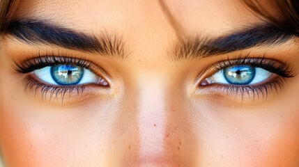 Obraz premium Captivating Close-Up of Beautiful Blue Eyes with Striking Clarity, Highlighting Lush Lashes, Natural Skin Texture, and Intriguing Reflections in Irises, Perfect for Portrait Photography